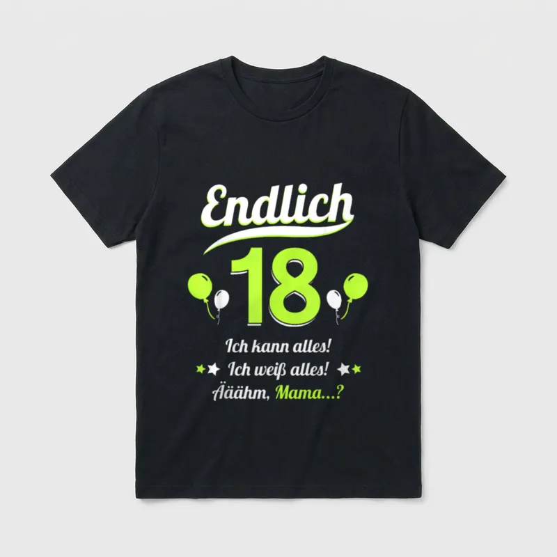 T-Shirt 18 Geburtstag lustig – „Endlich 18“ mit Ballons und Spruch „Ääähm, Mama...?“ – Klassisches T-Shirt in Schwarz