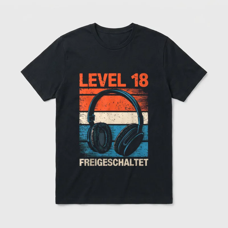 18. Geburtstag Junge Mädchen T-Shirt – Kopfhörer mit Schriftzug „Level 18 Freigeschaltet“ – Klassisches T-Shirt in Schwarz