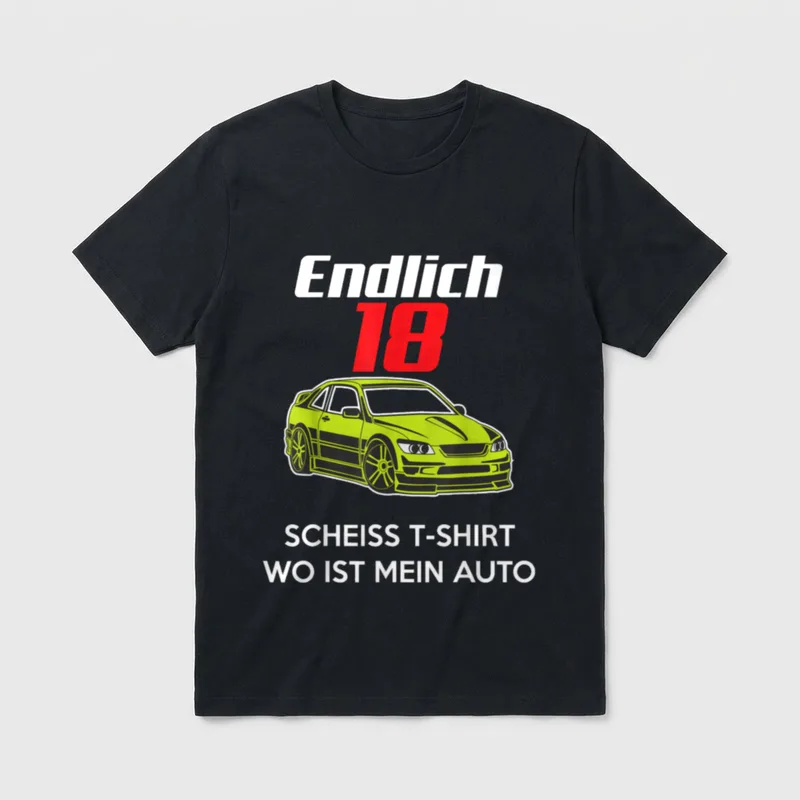 Vintage Auto T-Shirt – Grüner Tuningwagen, Schriftzug „Endlich 18“ und Spruch darunter – Klassisches T-Shirt in Schwarz