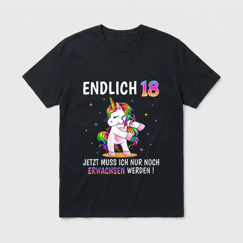 18 Geburtstag Mädchen Frauen T-Shirt – Tanzendes Regenbogen-Einhorn, Schriftzug „Endlich 18“ – Klassisches T-Shirt in Schwarz