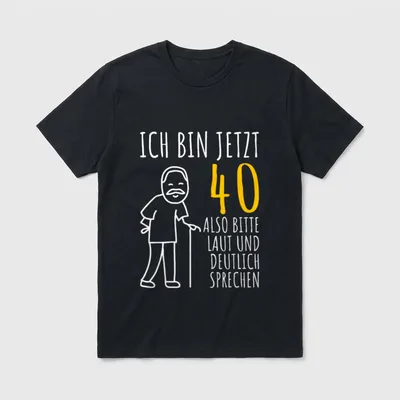 40er Geburtstag Mann Ich T-Shirt – Strichfigur mit Gehstock und Spruch „Ich bin jetzt 40“ – Klassisches T-Shirt in Schwarz