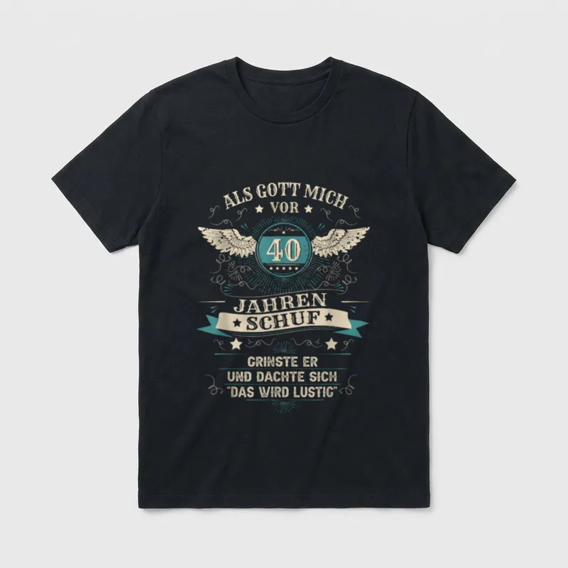 40. Geburtstag Mann Frau T-Shirt 0065 – Flügel, Zahl 40 und Spruch zum 40. Geburtstag – Klassisches T-Shirt in Schwarz