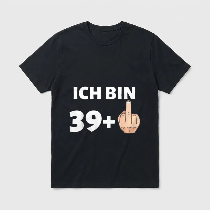 40. Geburtstag Mann Frau T-Shirt 0094 – Schriftzug „ICH BIN 39+“ mit Hand und Mittelfinger – Klassisches T-Shirt in Schwarz