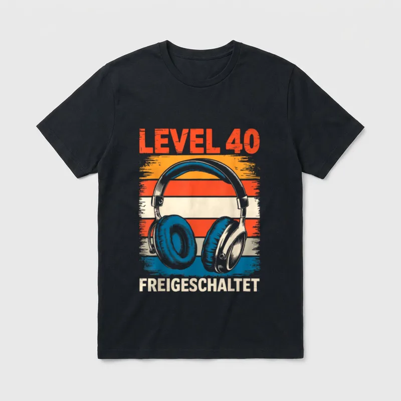 40. Geburtstag Mann Frau T-Shirt 0141 – Kopfhörer mit Schriftzug „Level 40 Freigeschaltet“ – Klassisches T-Shirt in Schwarz