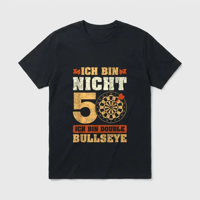 Vintage 50. Geburtstag Dart T-Shirt – Dartscheibe mit rotem Pfeil, Spruch „Ich bin nicht 50“ – Klassisches T-Shirt in Schwarz