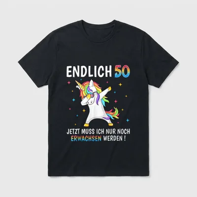 50 Geburtstag Party Outfit T-Shirt – Dabbendes Einhorn mit Sonnenbrille, Spruch „Endlich 50“ – Klassisches T-Shirt in Schwarz