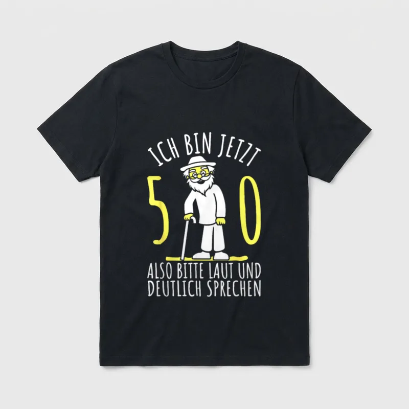 50er Geburtstag Mann Ich bin T-Shirt – Opa mit Gehstock, Zahl 50, Spruch „Ich bin jetzt 50“ – Klassisches T-Shirt in Schwarz