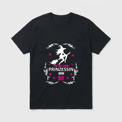 50 Geburtstag Frau lustig Hexe T-Shirt – Hexe auf Besen, Sterne, Ranken, Spruch zu 50 Jahren – Klassisches T-Shirt in Schwarz