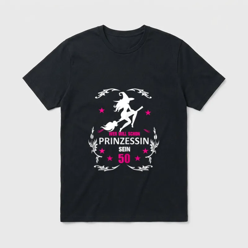 50 Geburtstag Frau lustig Hexe T-Shirt – Hexe auf Besen, Sterne, Ranken, Spruch zu 50 Jahren – Klassisches T-Shirt in Schwarz