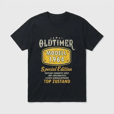 T-Shirt 60 Geburtstag Mann 1964 – Oldtimer-Typenschild „Modell 1964 – Top Zustand“ – Klassisches T-Shirt in Schwarz