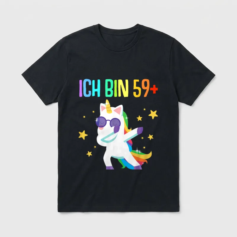 Ich Bin 60. Geburtstag T-Shirt – ICH BIN 59+ Text mit dabbingem Einhorn und Regenbogenhaar – Klassisches T-Shirt in Schwarz