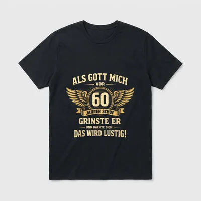 60. Geburtstag Mann Frau T-Shirt 0037 – Flügel mit Zahl 60 und Spruch „Das wird lustig“ – Klassisches T-Shirt in Schwarz