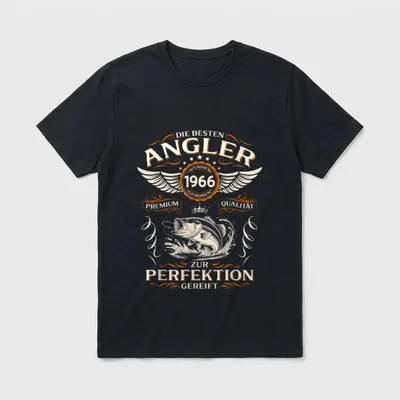 60. Geburtstag Mann Angler T-Shirt – Angler-Spruch, Fisch, Schwingen, Jahreszahl 1966, Krone – Klassisches T-Shirt in Schwarz