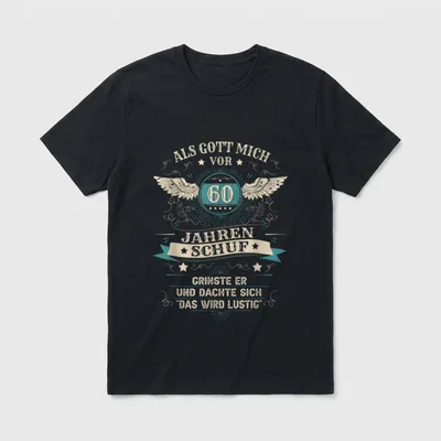 60. Geburtstag Mann Frau T-Shirt 0134 – Flügel, Zahl 60, Spruch „Das wird lustig“ – Klassisches T-Shirt in Schwarz