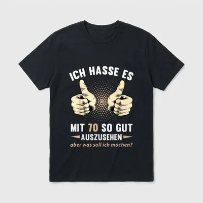 T-Shirt 70 Geburtstag Mann lustig – Zwei Daumen hoch, Spruch über gutes Aussehen mit 70 – Klassisches T-Shirt in Schwarz