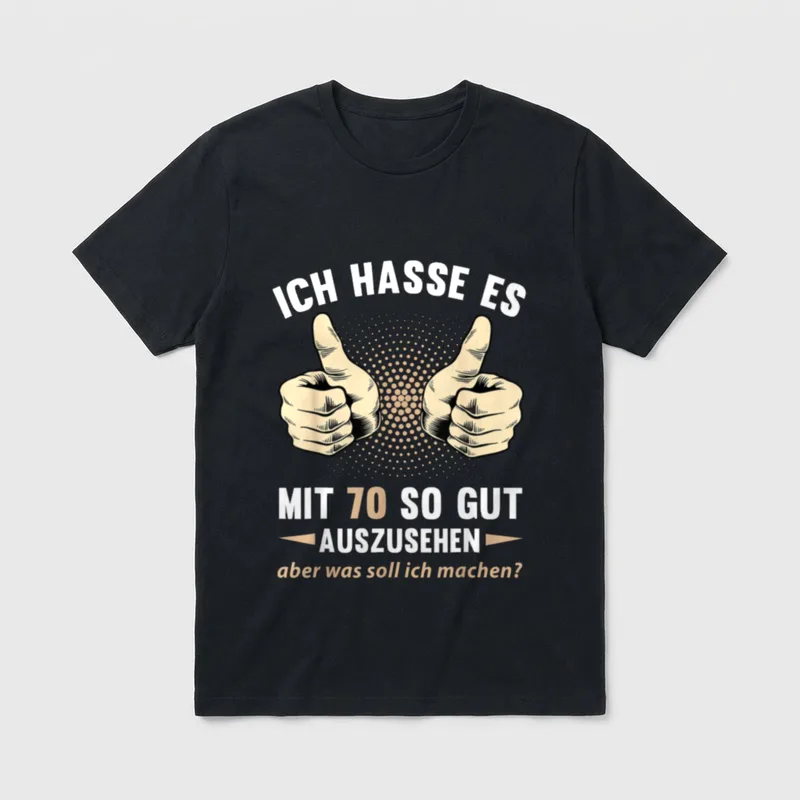 T-Shirt 70 Geburtstag Mann lustig – Zwei Daumen hoch, Spruch über gutes Aussehen mit 70 – Klassisches T-Shirt in Schwarz