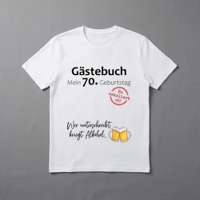 70. Geburtstag Mann Frau T-Shirt – Gästebuch Mein 70. Geburtstag, Stempel, Bierkrüge-Grafik – Klassisches T-Shirt in Schwarz