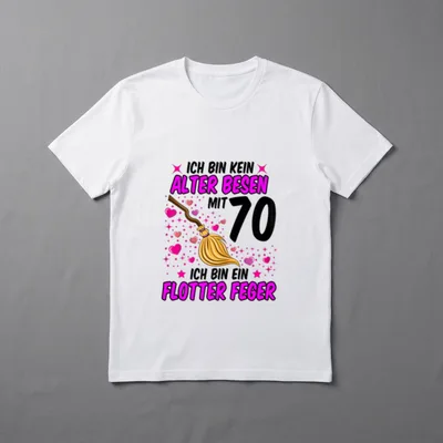 Kein Alter Besen Flotter T-Shirt – Besen, Herzen, Zahl 70, Spruch zum 70. Geburtstag – Klassisches T-Shirt in Schwarz