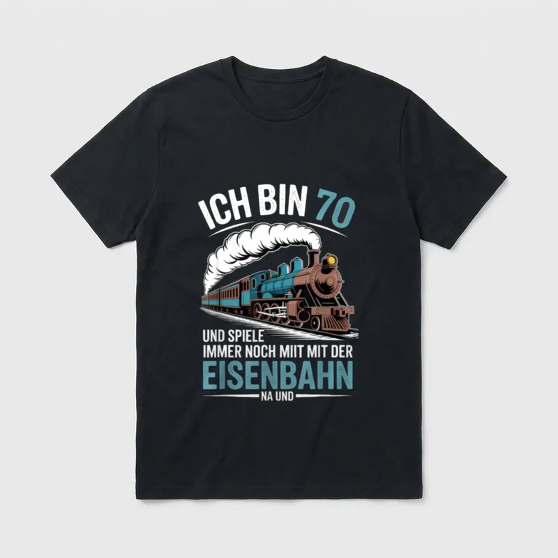 Ich Bin 70 T-Shirt – Dampflok mit Rauchwolke und Spruch zum 70. Geburtstag – Klassisches T-Shirt in Schwarz