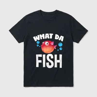 Lustiges Angler What The T-Shirt – Kugelfisch mit Schriftzug WHAT DA FISH und Blasen – Klassisches T-Shirt in Schwarz