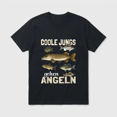 Coole Jungs gehen Angeln T-Shirt – Sechs gemalte Fische zwischen „Coole Jungs gehen Angeln“ – Klassisches T-Shirt in Schwarz