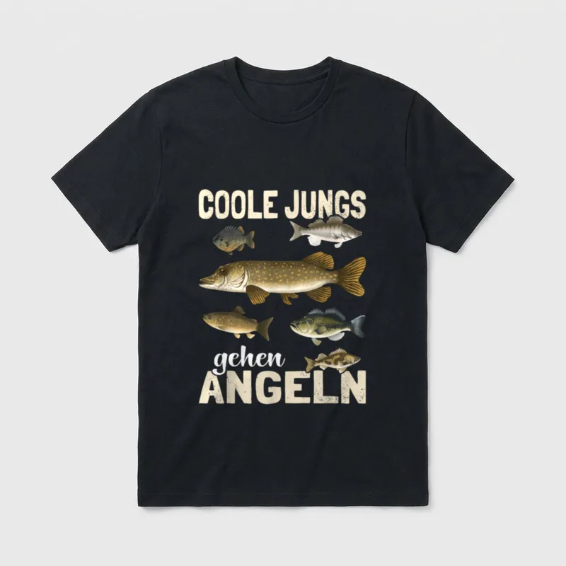 Coole Jungs gehen Angeln T-Shirt – Sechs gemalte Fische zwischen „Coole Jungs gehen Angeln“ – Klassisches T-Shirt in Schwarz