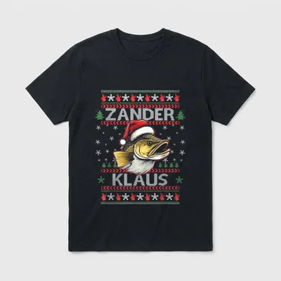 Zander Klaus I Lustiges T-Shirt – Zander mit Nikolausmütze, Schriftzug „Zander Klaus“ – Klassisches T-Shirt in Schwarz