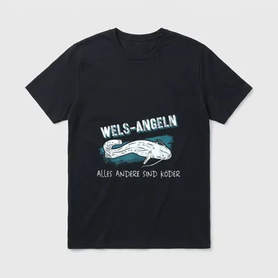 Wels angeln Spruch T-Shirt – Wels-Zeichnung mit Schriftzug „Wels-Angeln“ und Spruch – Klassisches T-Shirt in Schwarz
