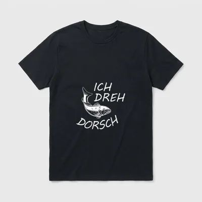 Ich dreh DORSCH! Lustiger T-Shirt – Schriftzug „Ich dreh Dorsch“ mit gezeichnetem Fisch – Klassisches T-Shirt in Schwarz