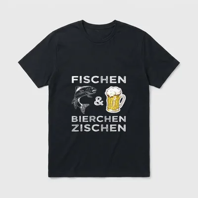 Lustiges Angler Fischen T-Shirt – Fisch, Bierkrug und Schriftzug Fischen & Bierchen zischen – Klassisches T-Shirt in Schwarz