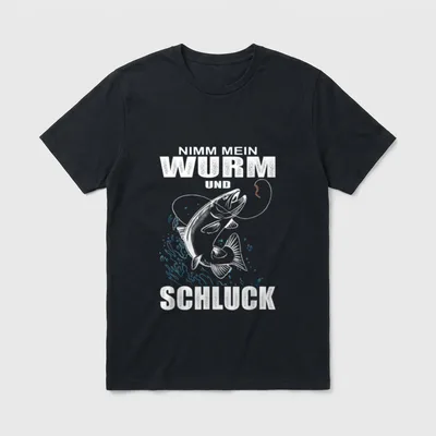 Nimm Mein Wurm T-Shirt – Springender Fisch am Haken, Schriftzug „Nimm Mein Wurm und Schluck“ – Klassisches T-Shirt in Schwarz