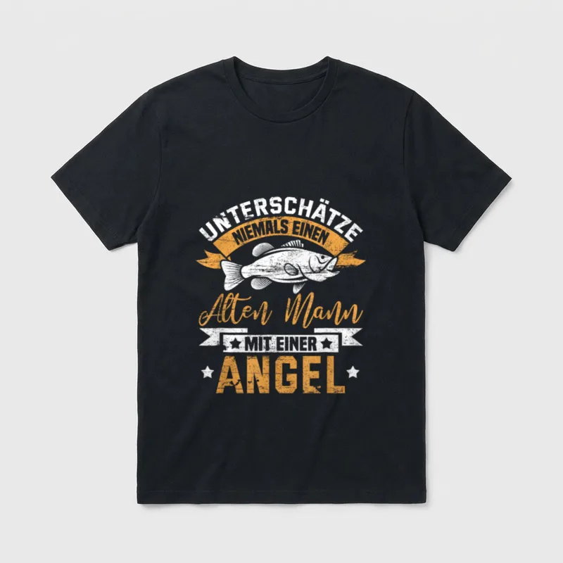 Angel Fischer Fischerhut Angel T-Shirt – Fisch-Grafik mit Spruch über alten Mann mit Angel – Klassisches T-Shirt in Schwarz