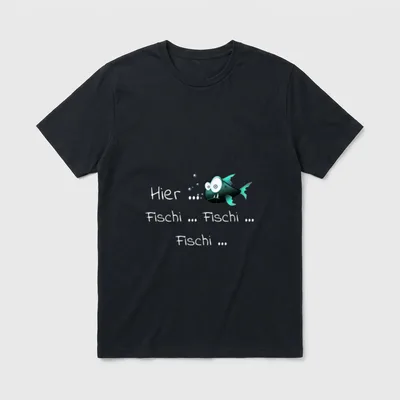 Hier Fischi als lustiges T-Shirt – Piranha mit Blasen, Schriftzug Hier Fischi Fischi Fischi – Klassisches T-Shirt in Schwarz