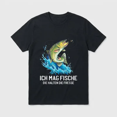 Ich Mag Fische T-Shirt – Springender Fisch mit Angelschnur, Spruch „Ich mag Fische“ – Klassisches T-Shirt in Schwarz