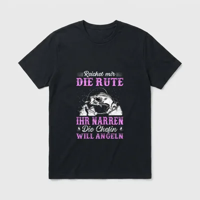 Lustiger Angeln Spruch T-Shirt – Barsch an Angelrute, Spruch „Die Chefin will angeln“ – Klassisches T-Shirt in Schwarz