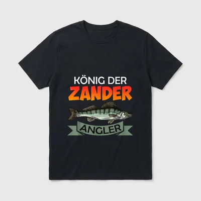 Angeln KÖNIG DER ZANDER T-Shirt – Zander-Zeichnung mit Schriftzug KÖNIG DER ZANDER ANGLER – Klassisches T-Shirt in Schwarz