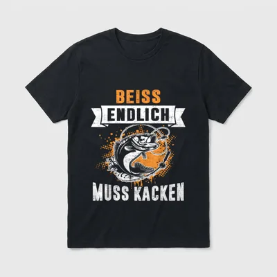 Beiss endlich muss kacken T-Shirt – Fisch am Haken, Schriftzug Beiss endlich muss kacken – Klassisches T-Shirt in Schwarz