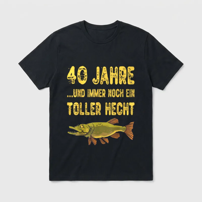 40 Jahre Geburtstag Angler T-Shirt – Hecht-Zeichnung mit Spruch „40 Jahre ...toller Hecht“ – Klassisches T-Shirt in Schwarz