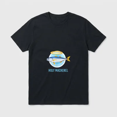 Holy Makrele Lustiger Engel T-Shirt – Makrele mit Heiligenschein, Schriftzug HOLY MACKEREL – Klassisches T-Shirt in Schwarz