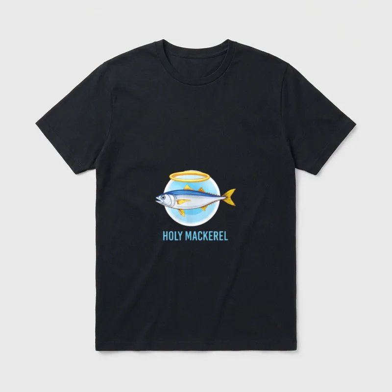 Holy Makrele Lustiger Engel T-Shirt – Makrele mit Heiligenschein, Schriftzug HOLY MACKEREL – Klassisches T-Shirt in Schwarz
