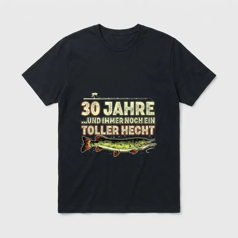 30 Jahre Geburtstag Angeln T-Shirt – Hecht mit Angelrute und Spruch „30 Jahre toller Hecht“ – Klassisches T-Shirt in Schwarz