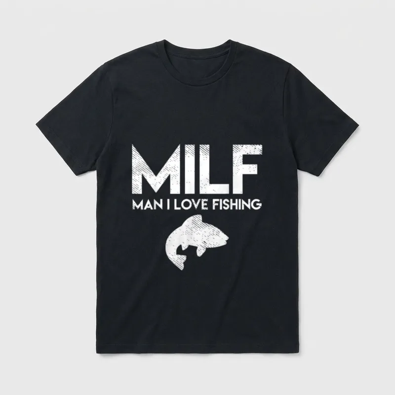 Man I Love Fishing T-Shirt – Schriftzug MILF, darunter Man I Love Fishing, Fisch-Silhouette – Klassisches T-Shirt in Schwarz