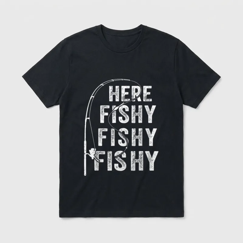 Anglerhemd Here-Fishy Graphic Funny T-Shirt – Klassisches T-Shirt in Schwarz