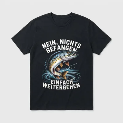 Hecht Angeln Lustig Nein T-Shirt – Springender Hecht mit Spruch „Nein, nichts gefangen“ – Klassisches T-Shirt in Schwarz