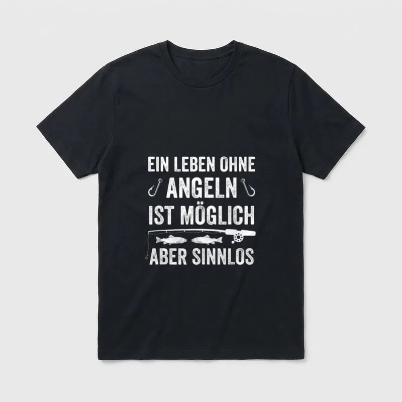 Angeln sinnlos T-Shirt – Schriftzug über Angelrute und zwei Fische in weißer Druckfarbe – Klassisches T-Shirt in Schwarz