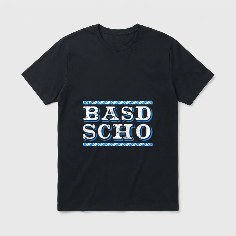 Basd Scho Lustige Bayrische T-Shirt – Schriftzug BASD SCHO zwischen weiß-blauen Rauten – Klassisches T-Shirt in Schwarz