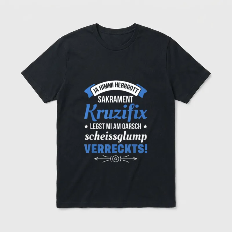 Bayern Bayer bayrisch boarisch T-Shirt – Bairischer Fluchspruch in Weiß und Blau auf Grau – Klassisches T-Shirt in Schwarz