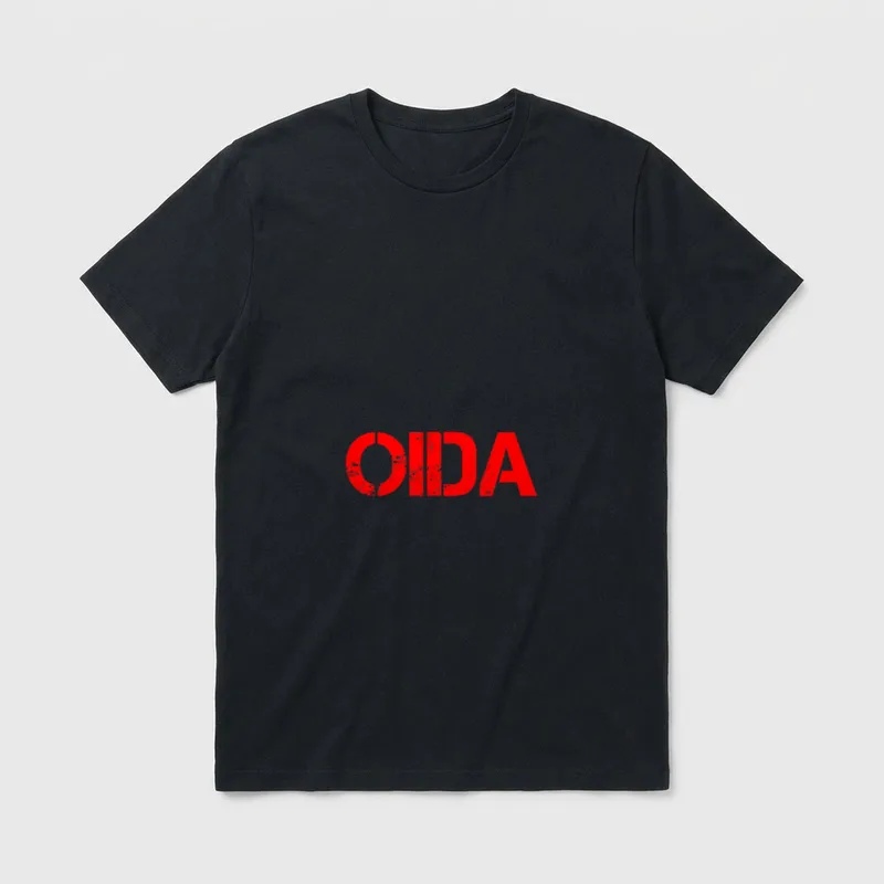 Oida Österreich Austria Spruch T-Shirt – Roter Schriftzug OIDA in Schablonenoptik auf grau – Klassisches T-Shirt in Schwarz