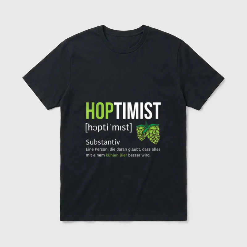 Shirt Party – Schriftzug „Hoptimist“ mit Lautschrift, Definition und zwei Hopfendolden – Klassisches T-Shirt in Schwarz