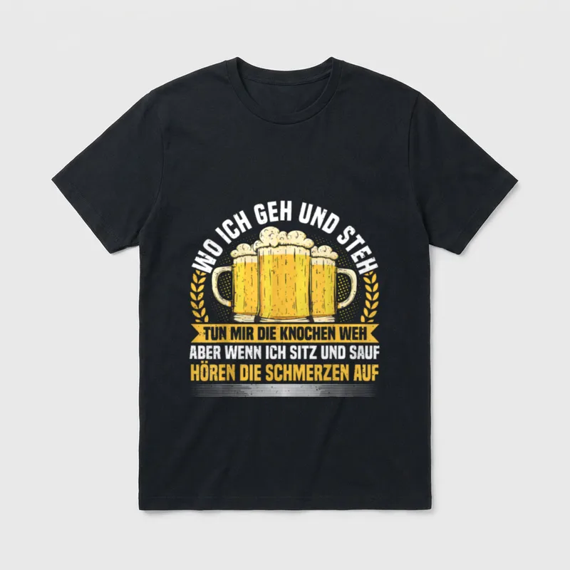 Bier Spruch Wo Ich T-Shirt – Drei Bierkrüge mit Schaum und Reimspruch über Knochenschmerz – Klassisches T-Shirt in Schwarz